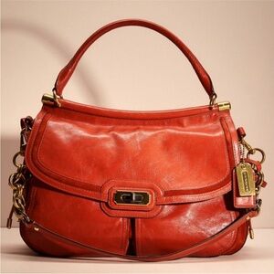 COACH®Flagship Chelsea Dowel Flap genuine leather Large Shoulder bag Orange